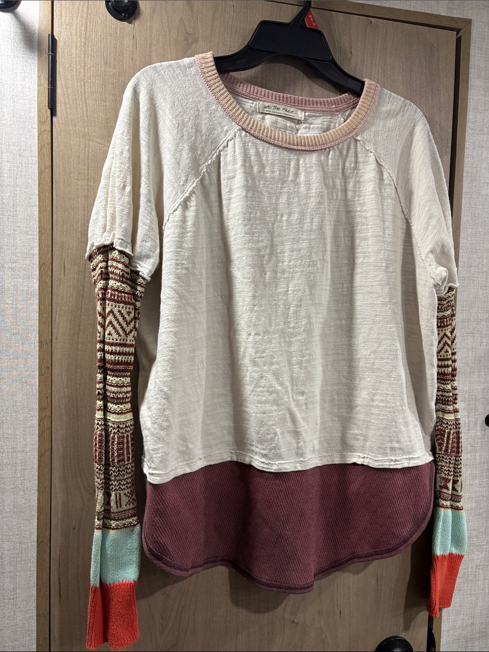 Free People Cream Layered Shirt with Mauve Hem and Patterned Sleeves